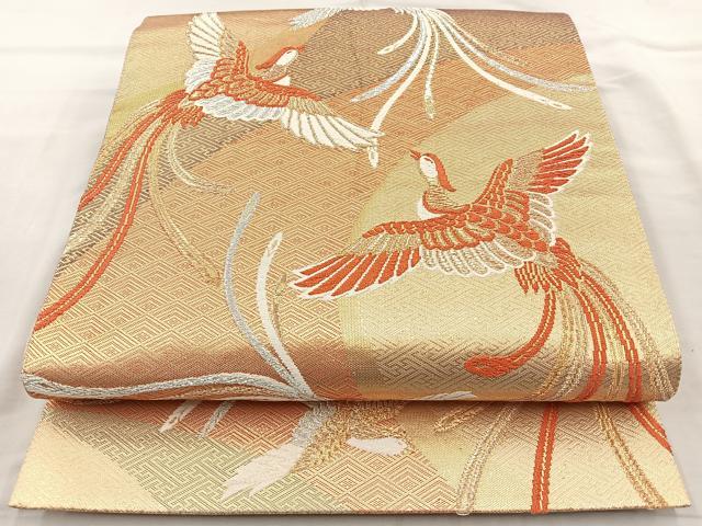 平和屋着物◎六通柄袋帯 唐織 尾長鳥文 金糸 正絹 逸品 BAAQ9584cm
