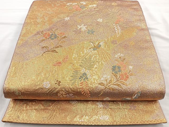 平和屋着物◎六通柄袋帯 道長鳳凰草花文 金糸 正絹 逸品 BAAQ9828cm