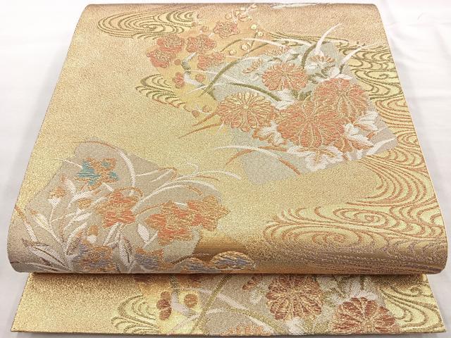 平和屋着物◎六通柄袋帯 流水色紙花文 金糸 正絹 逸品 BAAQ9836cm