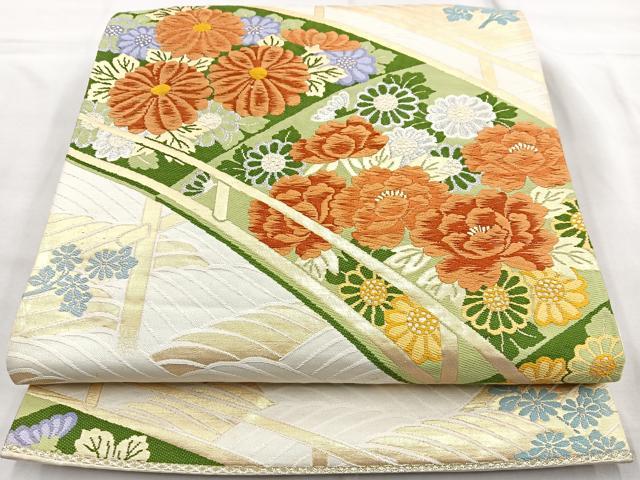 平和屋着物◎六通柄袋帯 唐織 渡橋花文 金銀糸 正絹 逸品 BAAQ9849cm