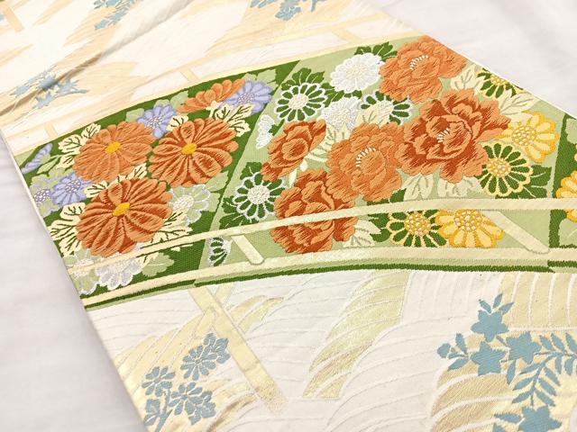 平和屋着物◎六通柄袋帯 唐織 渡橋花文 金銀糸 正絹 逸品 BAAQ9849cm