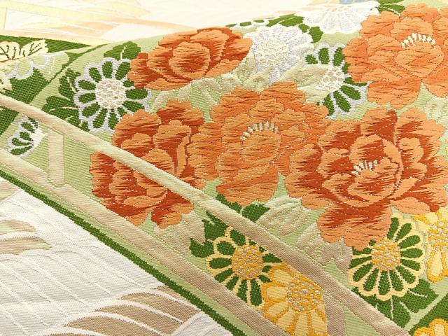 平和屋着物◎六通柄袋帯 唐織 渡橋花文 金銀糸 正絹 逸品 BAAQ9849cm