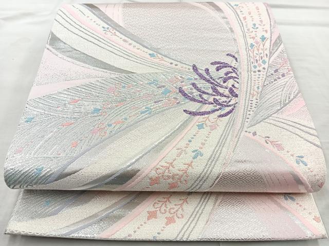平和屋着物◎六通柄袋帯 花 銀糸 正絹 逸品 BAAQ9870cm