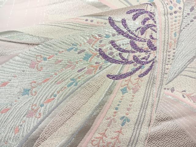 平和屋着物◎六通柄袋帯 花 銀糸 正絹 逸品 BAAQ9870cm