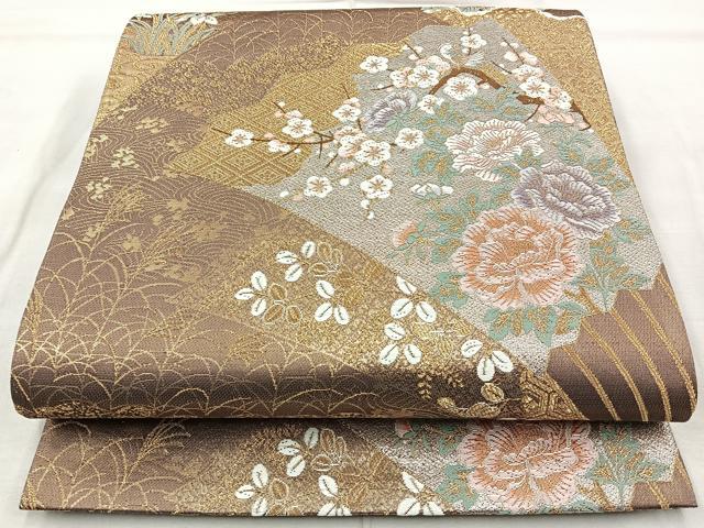 平和屋着物◎六通柄袋帯 唐織 扇面草花文 金銀糸 正絹 逸品 BAAQ9912cm
