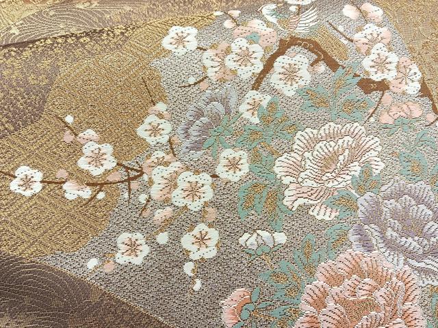 平和屋着物◎六通柄袋帯 唐織 扇面草花文 金銀糸 正絹 逸品 BAAQ9912cm