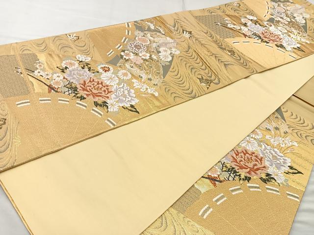 平和屋着物◎六通柄袋帯 唐織 扇面流水花文 金糸 正絹 逸品 BAAQ9918cm