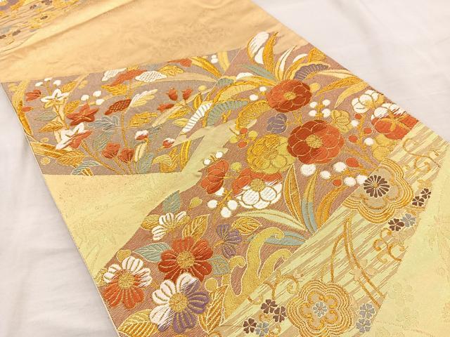 平和屋着物◎六通柄袋帯 唐織 松皮取春秋草花文 金糸 正絹 逸品 BAAQ9938cm