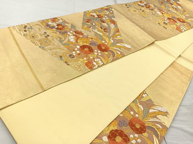 平和屋着物◎六通柄袋帯 唐織 松皮取春秋草花文 金糸 正絹 逸品 BAAQ9938cm