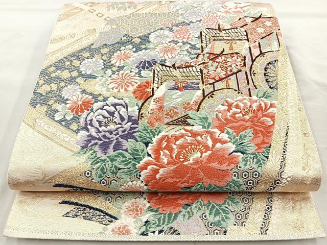 平和屋着物◎六通柄袋帯 唐織 御所車花文 金糸 正絹 逸品 BAAQ9955cm