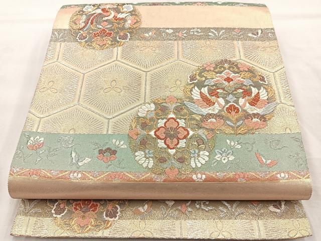 平和屋着物◎六通柄袋帯 花鳥唐草丸文 金銀糸 正絹 逸品 BAAQ9971cm