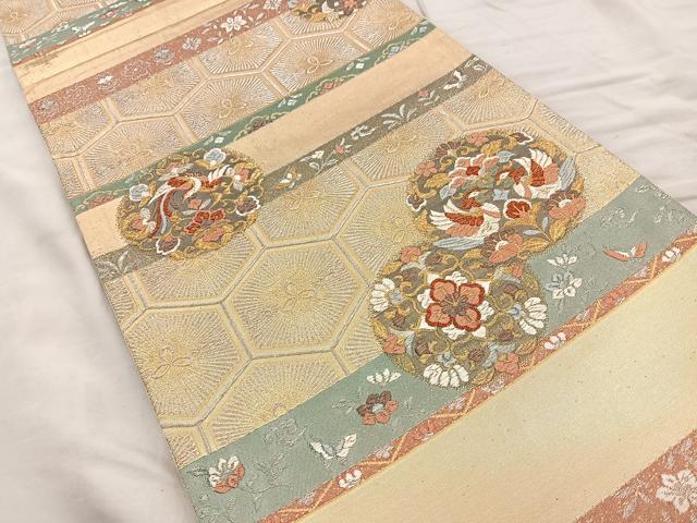 平和屋着物◎六通柄袋帯 花鳥唐草丸文 金銀糸 正絹 逸品 BAAQ9971cm