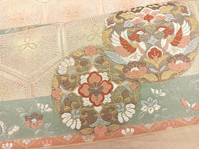平和屋着物◎六通柄袋帯 花鳥唐草丸文 金銀糸 正絹 逸品 BAAQ9971cm