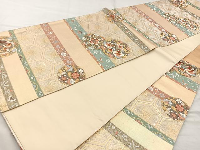 平和屋着物◎六通柄袋帯 花鳥唐草丸文 金銀糸 正絹 逸品 BAAQ9971cm