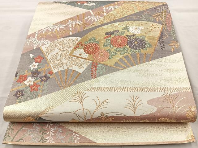 平和屋着物◎六通柄袋帯 唐織 扇面花文 本うるし箔 正絹 逸品 BAAQ9996cm