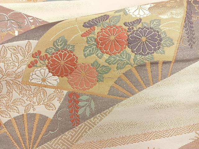 平和屋着物◎六通柄袋帯 唐織 扇面花文 本うるし箔 正絹 逸品 BAAQ9996cm