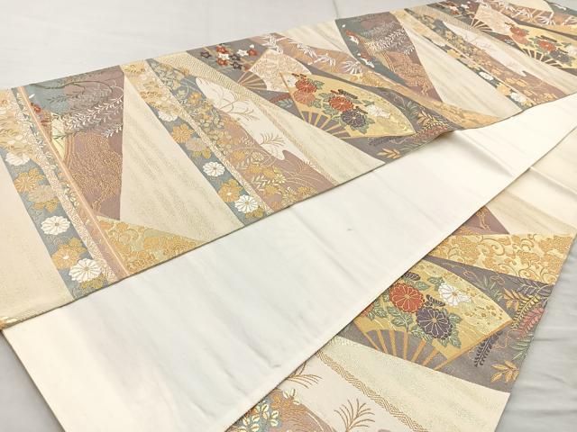平和屋着物◎六通柄袋帯 唐織 扇面花文 本うるし箔 正絹 逸品 BAAQ9996cm