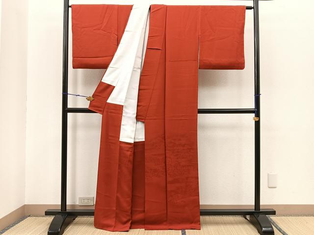平和屋着物■付下げ 色無地 鹿の子エ霞風景地紋 弁柄色 正絹 逸品 BAAR0216jr