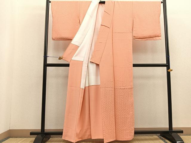 平和屋着物■上質な色無地 檜垣地紋 洒落柿色 正絹 逸品 BAAR1005vx