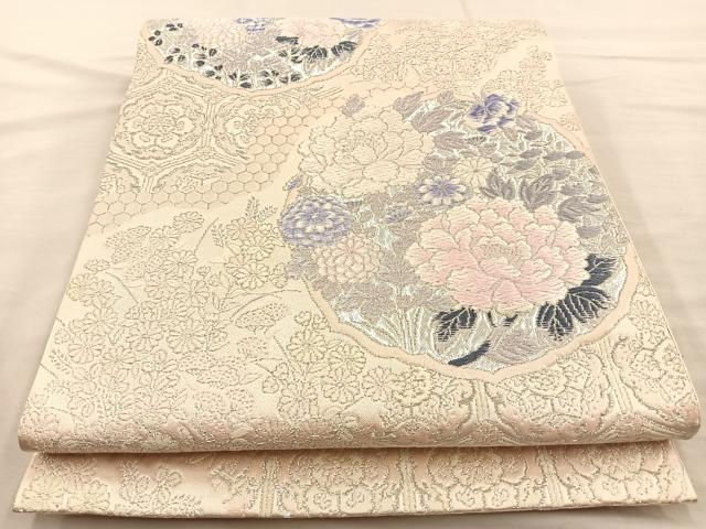 平和屋着物◎六通柄袋帯 唐織 花丸文 銀糸 正絹 逸品 BAAR1632if