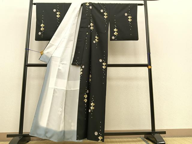平和屋着物■上質な小紋 舞扇飛鶴文 黒地 金彩 正絹 逸品 BAAR2236by