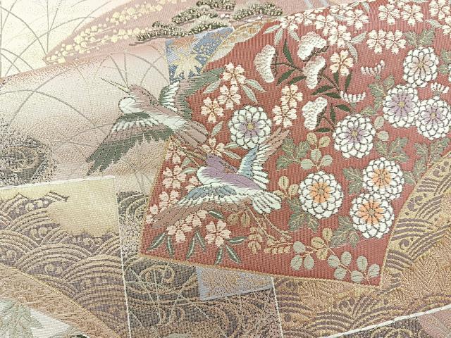 平和屋着物◎六通柄袋帯 唐織 地紙花鳥文 金糸 正絹 逸品 BAAR2821cm