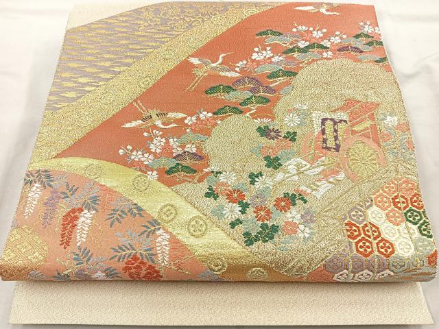 平和屋着物◎太鼓柄袋帯 唐織 松皮菱飛鶴花文 金糸 正絹 逸品 BAAR2920cm