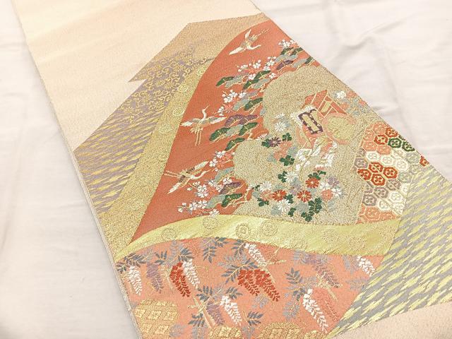 平和屋着物◎太鼓柄袋帯 唐織 松皮菱飛鶴花文 金糸 正絹 逸品 BAAR2920cm