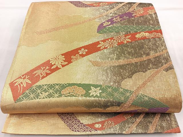 平和屋着物◎六通柄袋帯 唐織 鬘帯花文 金糸 正絹 逸品 BAAR2928cm