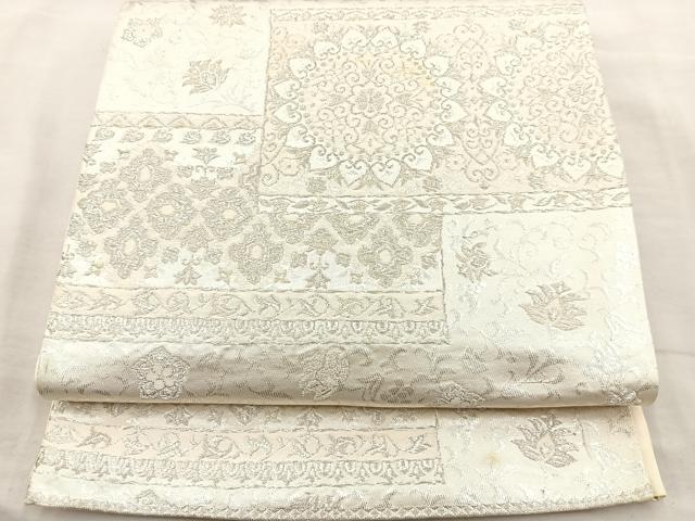 平和屋着物◎六通柄袋帯 更紗花文 銀糸 正絹 逸品 BAAR4817ct