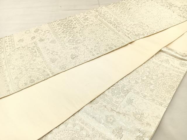 平和屋着物◎六通柄袋帯 更紗花文 銀糸 正絹 逸品 BAAR4817ct