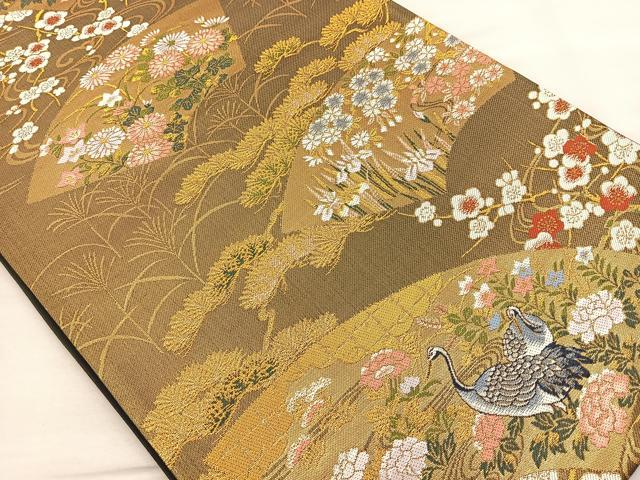 平和屋着物◎六通柄袋帯 地紙花鳥文 黒地 金糸 正絹 逸品 BAAR4887ct