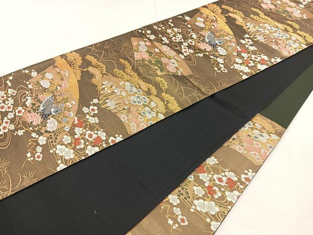 平和屋着物◎六通柄袋帯 地紙花鳥文 黒地 金糸 正絹 逸品 BAAR4887ct