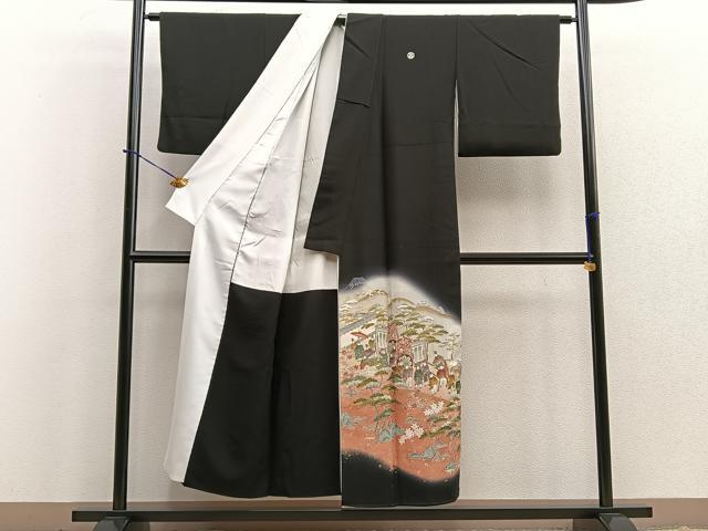 平和屋着物■豪華黒留袖 作家物 人物風景文 富士山 暈し染め 金通し地 正絹 逸品 BAAR5030ui
