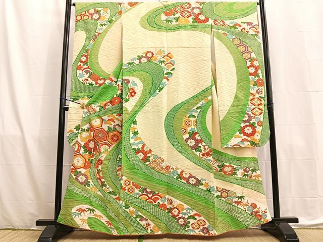 平和屋着物□豪華振袖 駒刺繍 松竹梅 流水花文 金彩 正絹 逸品