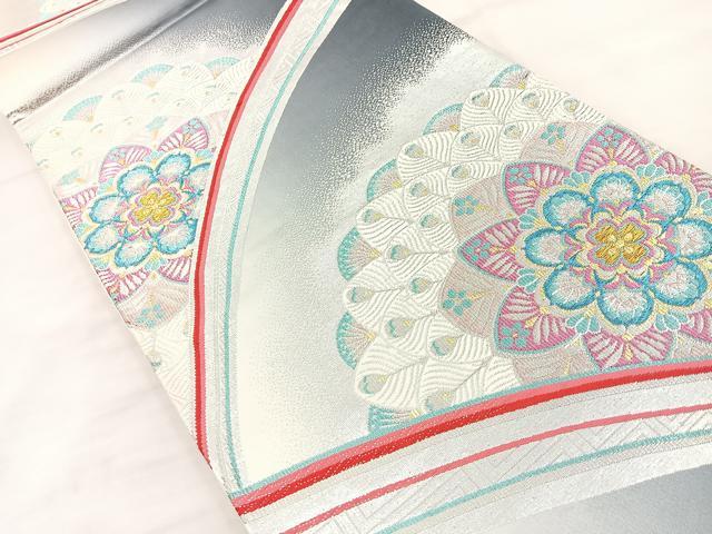 平和屋着物◎六通柄袋帯 孔雀羽花文 金銀糸 正絹 逸品 BAAR9701cm