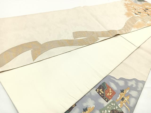 平和屋着物◎六通柄袋帯 唐織 しょうはく 飛翔鶴色紙散らし文 金銀糸 正絹 逸品 BAAR9703cm