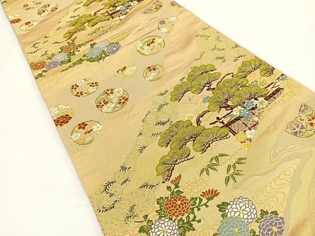 平和屋着物◎六通柄袋帯 唐織 花丸松文 金糸 正絹 逸品 BAAR9713cm