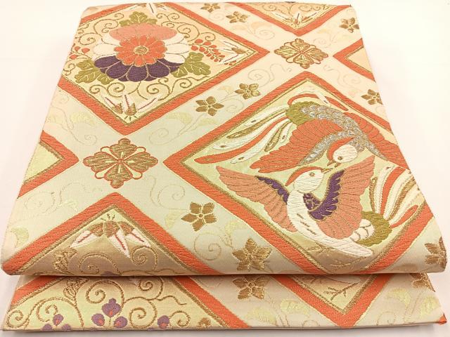 平和屋着物◎六通柄袋帯 花鳥菱文 金糸 正絹 逸品 BAAR9719cm