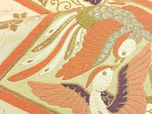 平和屋着物◎六通柄袋帯 花鳥菱文 金糸 正絹 逸品 BAAR9719cm