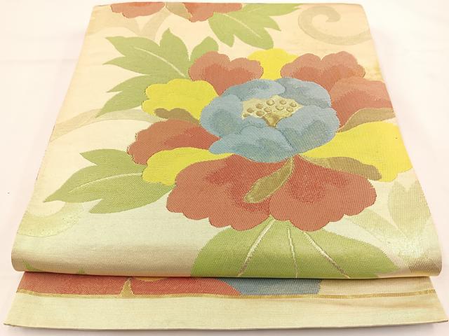 平和屋着物◎六通柄袋帯 牡丹 金糸 正絹 逸品 BAAR9721cm