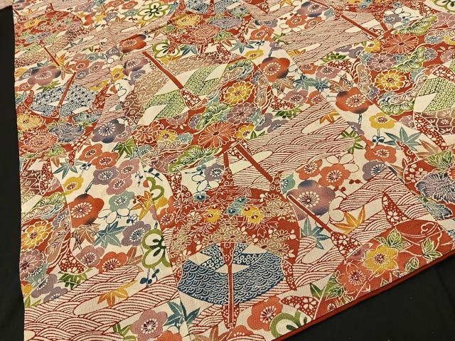 平和屋着物□上質な小紋 糸巻き花文 鬼しぼ縮緬 正絹 逸品