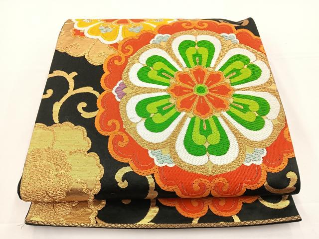 平和屋着物◎六通柄袋帯 唐織 正倉院花文 黒地 金糸 正絹 逸品 BAAS2312jr