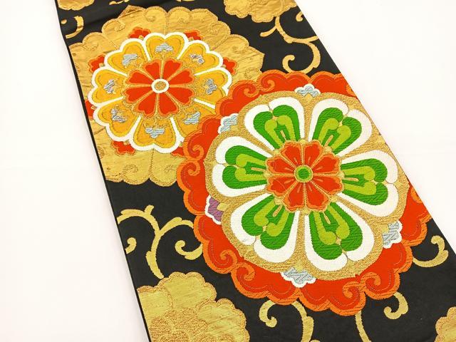 平和屋着物◎六通柄袋帯 唐織 正倉院花文 黒地 金糸 正絹 逸品 BAAS2312jr