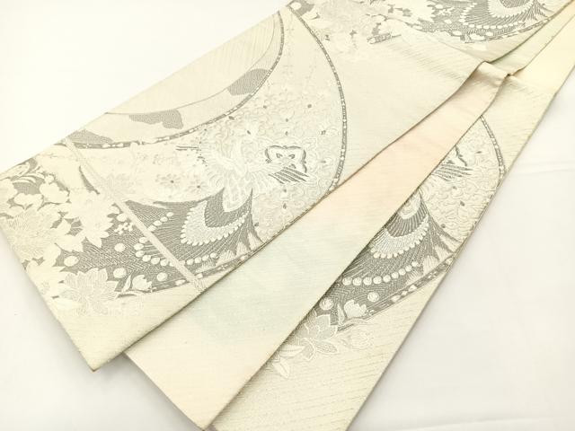 平和屋着物◎六通柄袋帯 唐織 孔雀花文 銀糸 正絹 逸品 BAAS2330jr