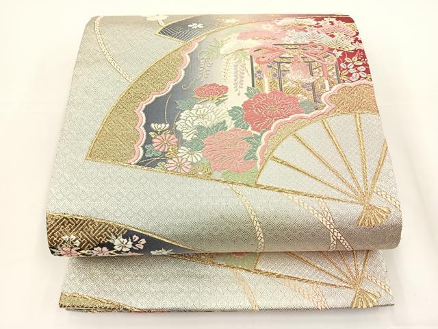 平和屋着物◎六通柄袋帯 唐織 扇面花鳥文 金銀糸 正絹 逸品 BAAS2344jr