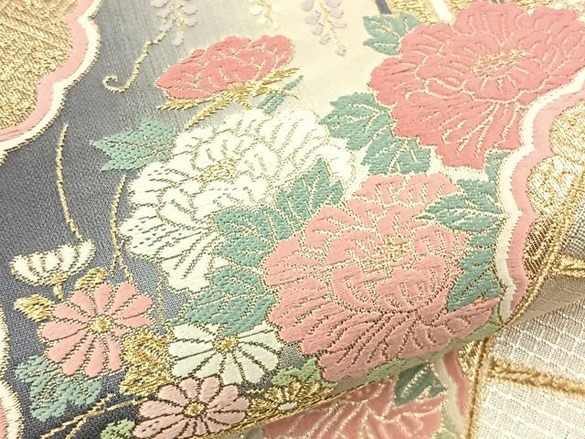 平和屋着物◎六通柄袋帯 唐織 扇面花鳥文 金銀糸 正絹 逸品 BAAS2344jr