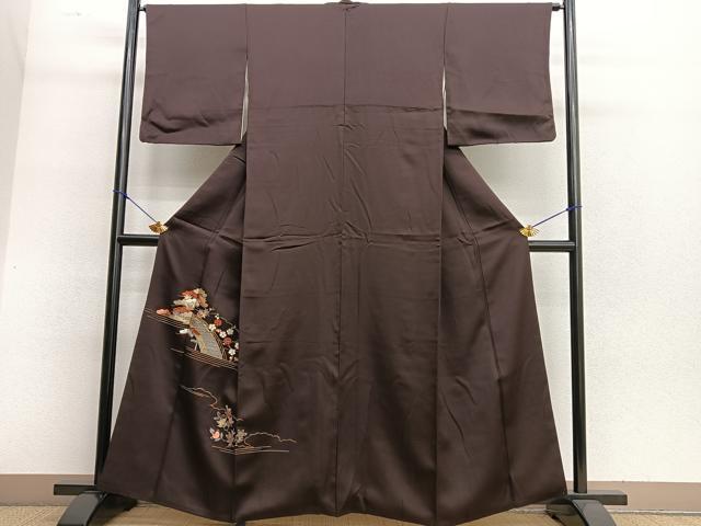 紬の訪問着　小花に家橋人　袷 訪問着・付下げ - 雅星本店 －アンティーク着物リサイクル着物の