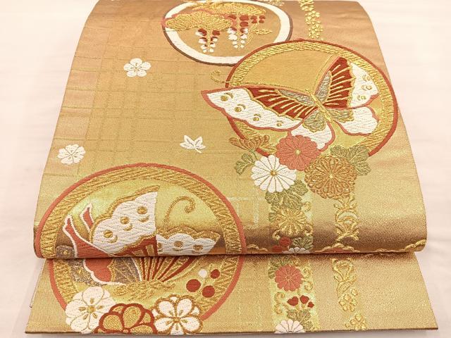 平和屋着物◎六通柄袋帯 唐織 花蝶丸文 金糸 正絹 逸品 BAAS4796gt