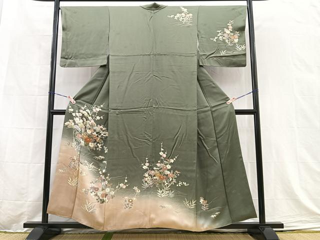 仮絵羽　正絹　金彩　小紋　友禅風　風景模様　松竹梅　ぼかし　着物　052t 平和屋着物○訪問着 友禅 駒刺繍 松竹梅風景文 金彩 正絹 逸品